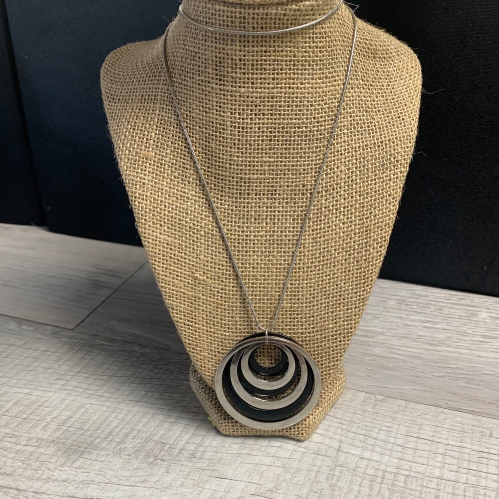 Silver Tone Black Concentric Circle Pendant Snake Chain Necklace 30 Inch Long
